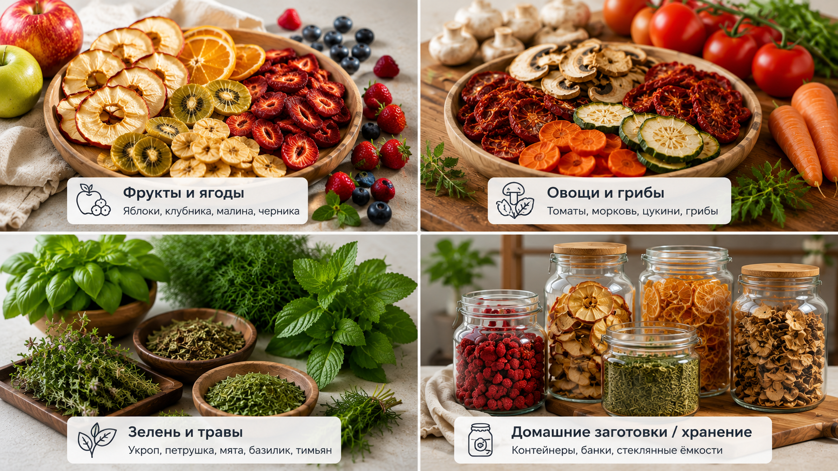 Фрукты, ягоды, овощи, грибы, зелень и банки с домашними заготовками для сушки в дегидраторе