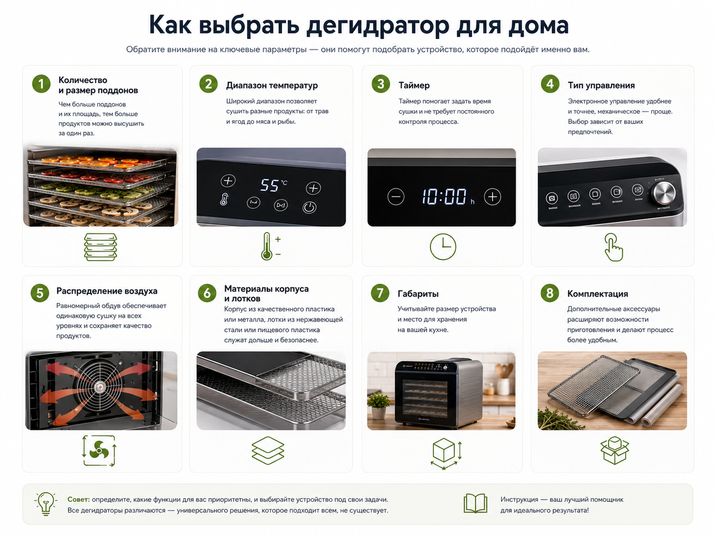 Инфографика с критериями выбора дегидратора: поддоны, температура, таймер, управление, обдув и комплектация